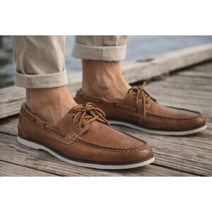 Peter Millar Excursionist Pebbled Leather Boat Shoes Whiskey Brown Men’s 11.5